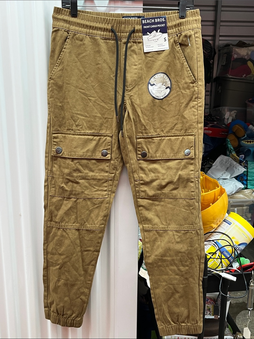 Beach Bros Men's Tan Cargo Jogger Pants with Drawstring Waist